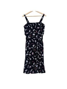 VTG Y2K Karin Stevens Petites Sleeveless Print Dress 12P Black Pink A‑Line Smock
